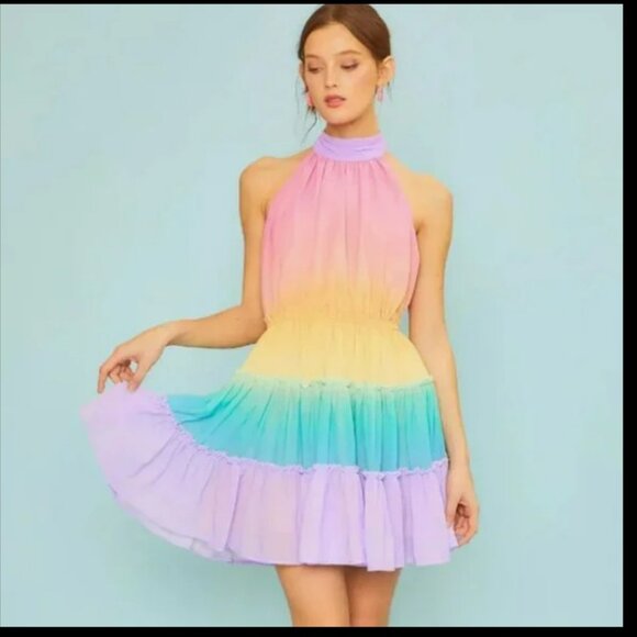 Main Strip Rainbow Ombre Halter Ruffle Mini Dress Sz S - Picture 1 of 15